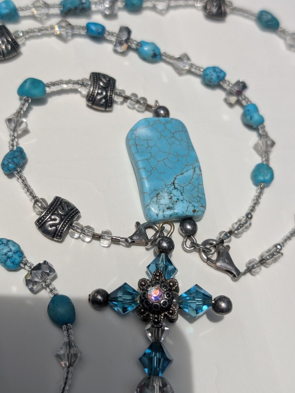 Vintage Rosary Necklace Turquoise & Crystal Handmade 925 - Picture 12 of 13